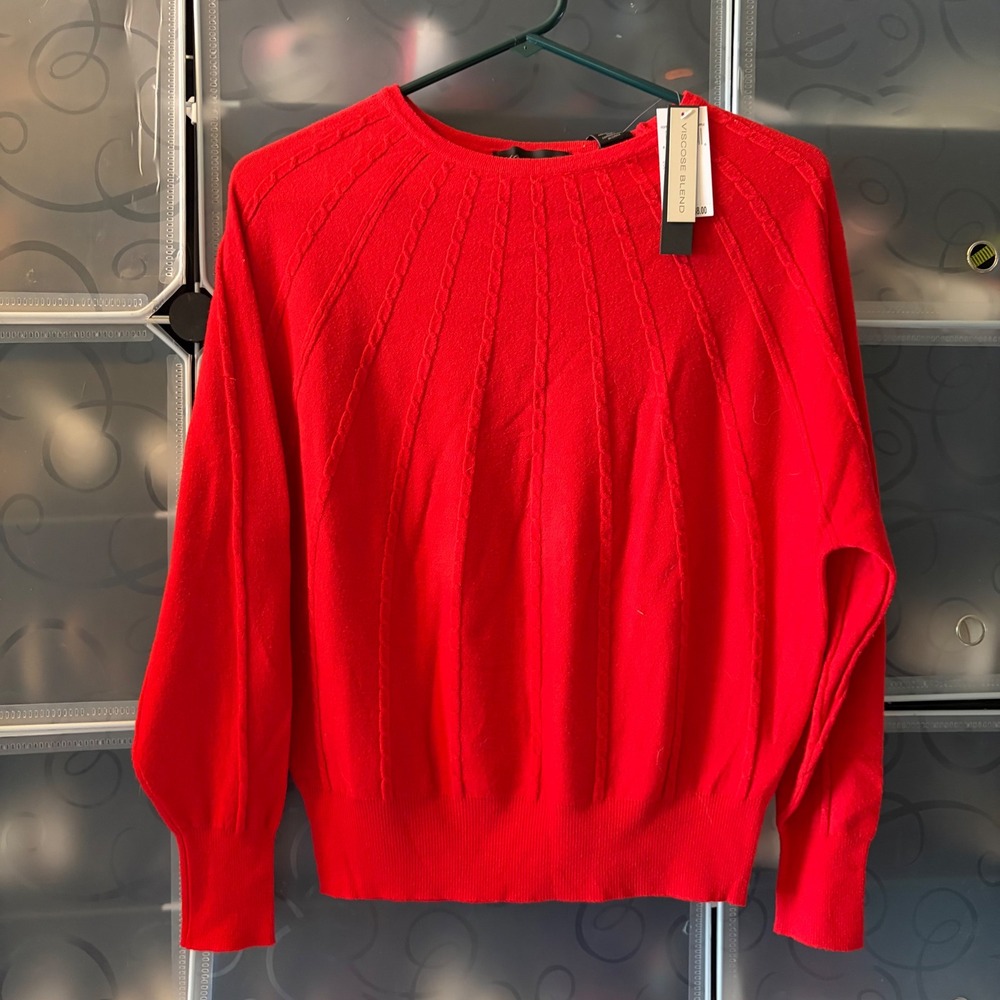 Tahari Red Viscose Blend Cable Knit Crew Neck Sweater NWT XS